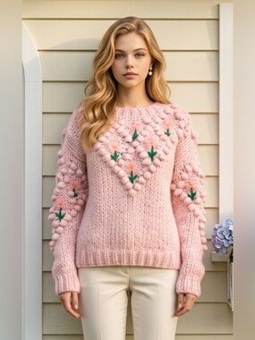 Chicwish Pink Floral Bobble-Detail Crewneck Sweater Handmade With Love